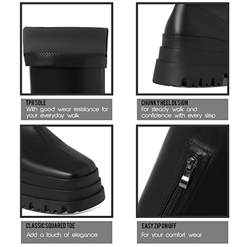 Femflame Black Platform Knee High Boots Square Toe Pull-On Stretch Long Boots Pu Leather Gothic Punk Motorcyle Boots For Women #TOP4