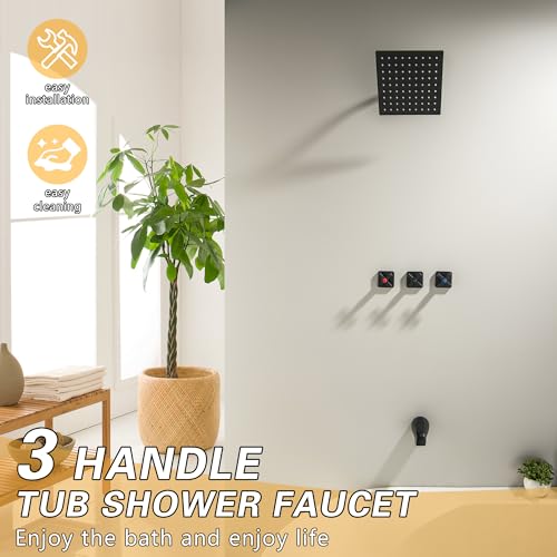 Grifo de ducha de 3 mangos con salida para bañera, acabado negro mate | Juego de grifería para bañera y ducha con 3 mangos, kit completo de revestimiento con cabeza de ducha de acero inoxidable de 8 pulgadas miniatura 2