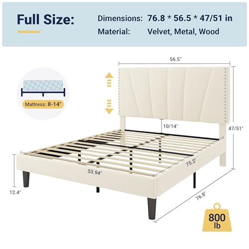 Image of Allewie Full Size Velvet Platform Bed Frame with Adjustable Headboard Cream | Height-Adjustable Velvet Headboard, Rivet-Style Nailhead Trim, Wooden Slat Support, No Box Spring Needed, Easy Assembly
