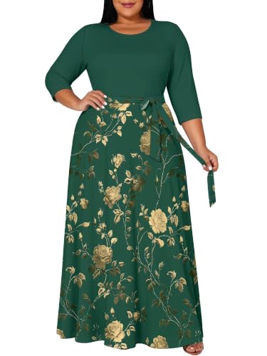 EQQZD Plus Size Maxi Dress 3/4 Sleeve Belted with Pockets Emerald Church