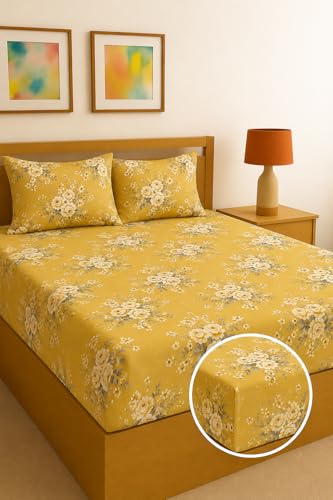 Image of Fitted Sheet Yellow Golden Floral Print Fitted Bedsheet | Glace Cotton 140 TC | King Size (72x78 inch) with 2 Pillow Covers (18x28 inch) | Deep Pocket up to 10 Inches - Soft & Comfortable