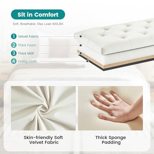 Image of Velvet Storage Ottoman Bench for Bedroom, End of Bed Bench with Button, Side Storage Pockets, Organizer Storage Chest, Upholstered Foot Rest, Load up to 400 lb, for Living Room, Entryway, Beige