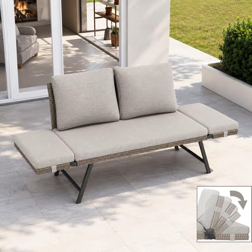 Fiutazge Sofá de Jardín de Rattan,2 Plazas con Reposabrazos Regulables,Convertible en Cama de Día,Sofa Terraza Exterior con Cojines Gruesos para Balcón,Terraza y Porche,Beige