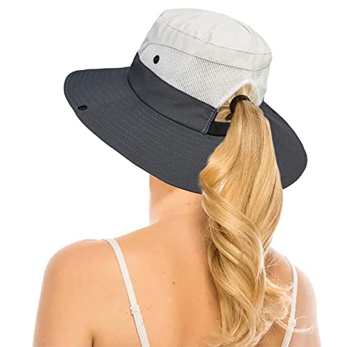 Women's Outdoor Uv-Protection-Foldable Sun-Hats Mesh Wide-Brim Beach Fishing Hat With Ponytail-Hole (Beige/Grey 1Pc) #TOP7