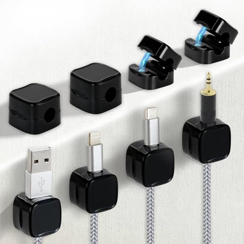 Kronwahl 8 Clips Magnéticos Sujeta Cables, Soporte Adhesivo y Ajustable, Organizador de Cables para Escritorio, Mesa, Oficina y Hogar, USB, HDMI, Carga (negro)