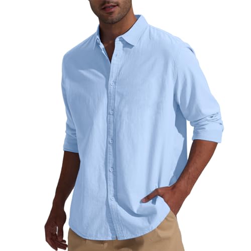 Friptspyg Leinenhemd Herren Hemd Langarm Baumwolle Leinen Hemden Button-Down Freizeithemden Casual Regular Fit Sommerhemd, Himmelblau L 5