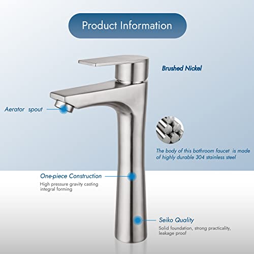 Cinwiny Brushed Nickel Bathroom Vessel Sink Faucet Deck Mount 304 Stainless Steel Single Handle Tall Bathroom Faucet Modern Lavatory Single Hole Vanity Bar Bowl Mixer Tap With Pop Up Drain #TOP5