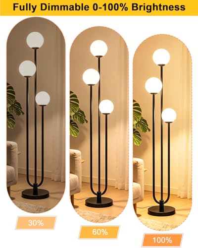 Image of 63IN 3-Light Dimmable Floor Lamp, Unique Black Tall Standing Lamps with 3000K Bulbs for Reading, Mid Century Modern Floor Lamp with 5Lbs Heavy Base for Living Room Bedroom Office