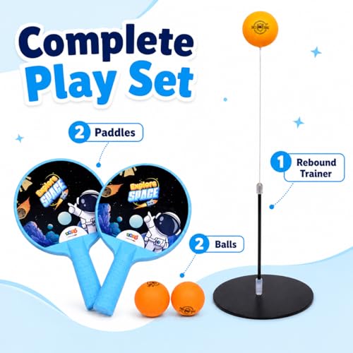 Image of Space Theme Table Tennis Trainer for Kids|Indoor Ping Pong Set with Elastic Rebound Shaft|Includes 1 Base,2 Rackets,2 Balls & 1 Wire Sleeve|Active Sports Toy for Reflex & Coordination