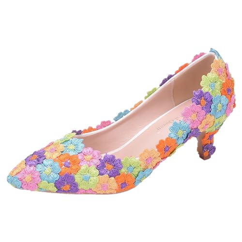 Jamron Damen Elegant Spitze Zehen 5CM High Heels Florale Spitze Perlen Brautschuhe Pumps Farbig...