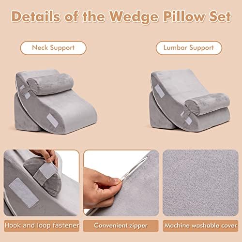 Multigot 4PCS/6PCS Bed Wedge Pillow, Memory Foam Incline Cushion System with Removable Headrest, Adjustable Back Support Triangle Elevation Pillow for Reading and Sleeping (4PCS)