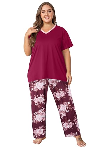 Image of Vozanet Women's Pajama Sets Short Sleeve with Long Pant Soft Sleepwear Printed pj Loungewear With TWO Pockets Size 1X to 5X