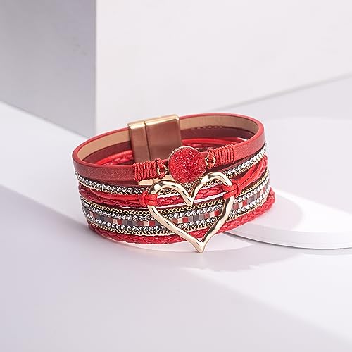 Fancy Shiny HRTLT-RED Heart Leather Wrap Bracelets Stackable Boho Cuff Bangles Trendy Resin Stone Rhinestone Bracelets thumb #5