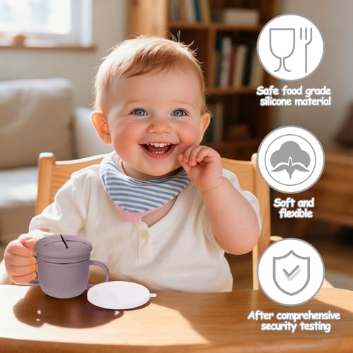 Image of Mity rain 2-Pack Stainless Steel Snack Containers, 4-in-1 Spill proof Snack Cups With Silicone Lid and Handle, Dishwasher Safe Travel Snack Containers for Kids and Infants (Purple + Gray)