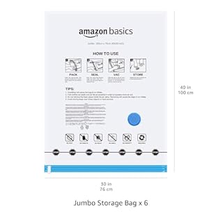 Amazon Basics Sacchetti sottovuoto con pompa a mano, Cerniera, misura jumbo, confezione da 6, Trasparente