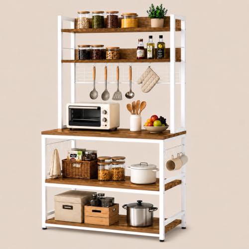 Image of 5-Tier Kitchen Organizer Rack-Multipurpose Microwave Stand for Kitchen Platform & OTG Oven-Steel Utensils Storage Shelf with Hooks - Engineered Wood & Metal Rack for Home- 100x40x170 cm - White /Brown