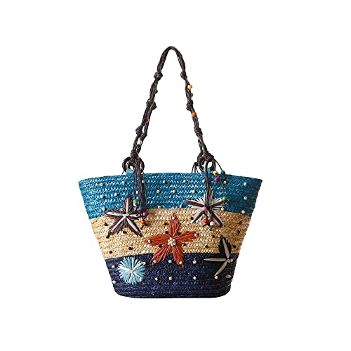 Hixingo Bolso de la Paja Mujeres Bolso Playa Grande Bolso de Hombro Estrella de Mar Patrón Verano Boho Totes de Playa Rafia Tejidas a Mano Para Viajes, Compras y Vacaciones (Azul,41x28x28cm)