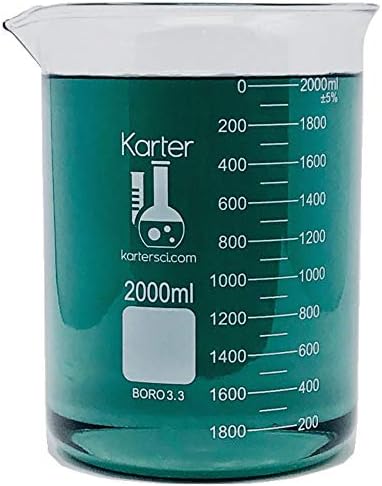2000ml Beaker, Low Form Griffin, Borosilicate 3.3 Glass, Double Scale, Graduated, Karter Scientific 213D20 (Single)