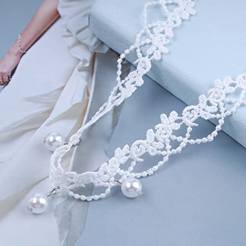 YienDoo Vintage Lace Choker Necklace White Gothic Lace Pattern Necklace Punk Tassel White Pearl Beaded Pendant Choker Princess Bridal Lace Lolita Statement Necklace Jewelry for Women4