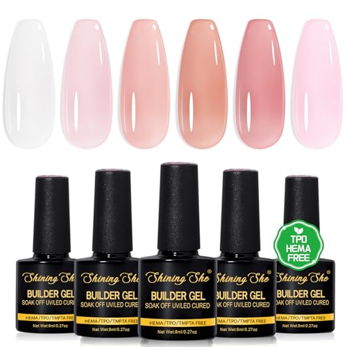 Shining She Gel Construction Ongle UV, 8 en One Builder Gel 6 couleurs Nude Rose et Clear sans TPO sans HEMA Vernis gel Soak Off UV/LED Base pour extension d'ongles Fortifiant pour ongles, 8ML