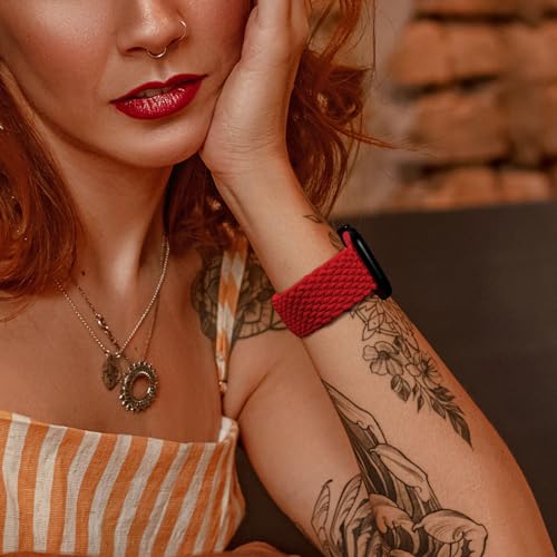 OMECKY Elastic Band Compatible With Apple Watch Band Series 11 10 46mm 9/8/7 45mm, 6/5/4 44mm for Women Men, Nylon Stretchy Braided Solo Loop Sport Strap for iWatch SE/Ultra 1/2/3, S Red by OMECKY - Image 4
