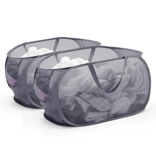 TECHMILLY ランドリーバスケット 横型 洗濯カゴ 折りたたみ 大容量 メッシュ 収納 洗濯物 袋 かご 持ち運び可能 軽量 旅行 ゴミ箱 長さ64CM幅さ35CM高さ35CM (グレー、2PCS)