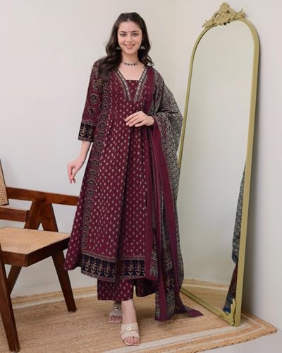 Image of ANNI Designer Women's Pure Cotton Anarkali Kurta Set for Women with Dupatta & Plazzo - Hand Block Print Suit Set | Stylish Dress | Cotton Kurta Set for Women