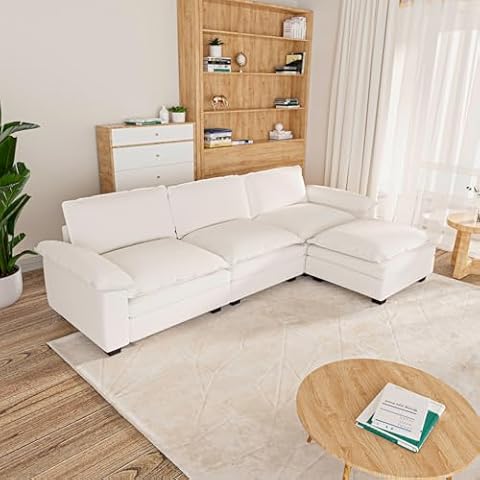 mestyl 3 Seat Sectional Sofa, Couch with Movable Ottoman, Chenille Modular Sofa with Removable Pillows and Layer Cushions, Suitable for Living Rooms, Bedroom, Offices, and Apartments, Beige Cover