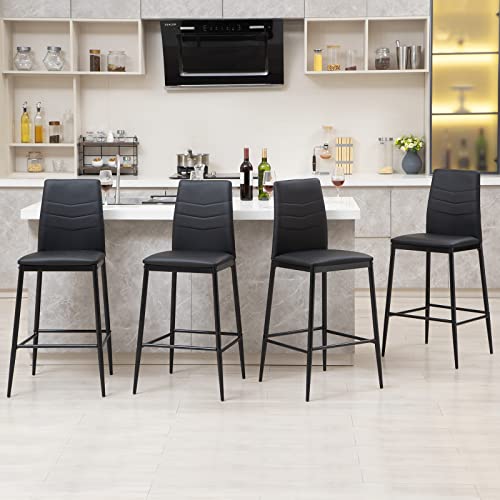 Nopurs Bar Stools Set Of 4, 26Inch Barstools, Stool Chair, Metal Legs Bar Stool,Counter Height Bar Stools, High Back Bar Chairs, Wave Curve Decor, Pu Leather Kitchen Island Chairs For Pub,Black #TOP17