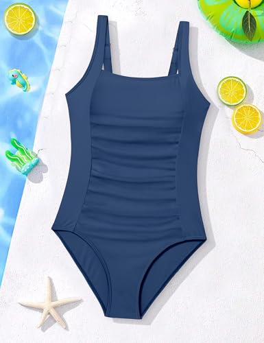 Image of BAVEDER Girls Swimsuit One Piece Swimsuits Solid Ruched Bathing Suit for Girls Full Coverage Modest Padded Swimwear 9-18y