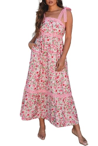 Womens Casual Dress Sleeveless Lace Tie Strap Square Neck Empire Waist A Line Maxi Dress for Spring Summer