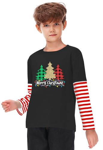 Image of Remimi Unisex Kids Christmas Long Sleeve Shirt Xmas Print Stripe Shirts 2-12 Years