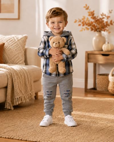 Image of Renotemy Toddler Baby Boy Clothes Winter Hoodie Flannel Boys Outfits 12M-4T | Toddler Boys Outfits,Fall Winter Long Sleeve Hoodie Sweatshirt Clothes Set,Infant Boys Flannel Plaid Top Ripped Pants Set