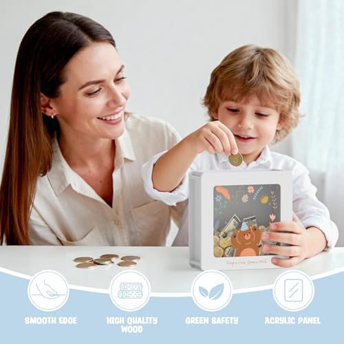 Image of Summidate Wooden Money Saving Box, Clear Window Cash Vault Savings Box with DIY Stickers, Personalized Bear Piggy Bank for Kids & Adults, Birthday /Baby Shower /Wedding Gift