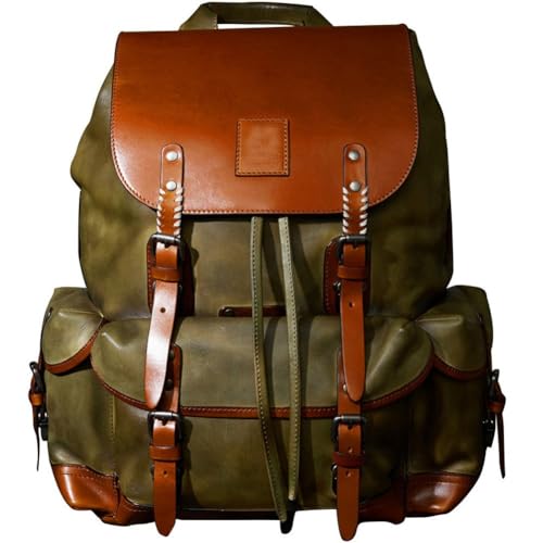 Denny&Dora Large Capacity Cowhide Backpack - Luxury Genuine Leather Backpack Simple Military Style Retro Design Travel Bag (Green)