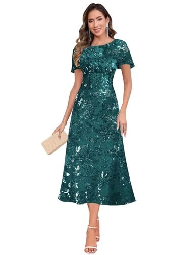 Sequin Mother of The Bride Dresses for Women Elegant Tea Length A Line Formal Evening Gown with Short Sleeve