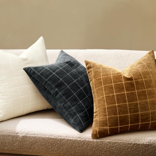 Image of MIULEE Black Plaid Decorative Throw Pillow Covers 22x22 Set of 2 | Vintage Check Chenille Couch Pillows Neutral Boho Farmhouse Cushion Covers Modern Home Decor for Sofa Bed Living Room