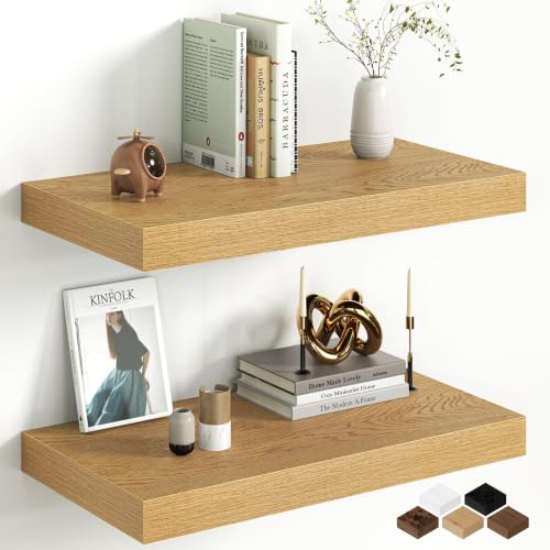 Image of Fun Memories 12 Inch Deep Oak Floating Shelf, 24 x 12 Rustic Wood Wall Shelf for Books, 2 inch Thick Deep Floating Shelf for Storage & Display in Kitchen, Living Room, Bedroom, 2 Packs
