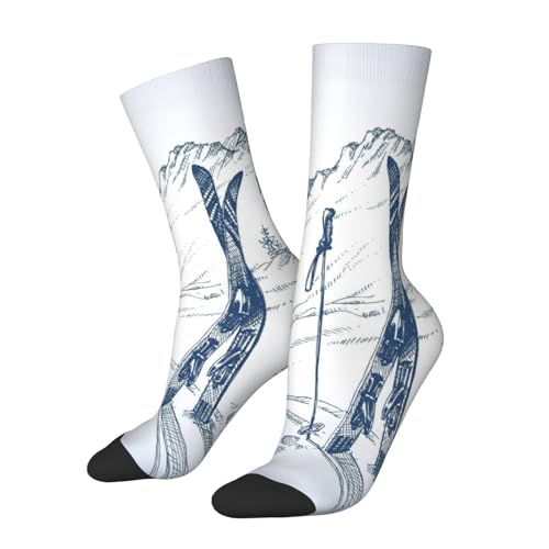YHNNH Winter Sketchy Graphic Of Downhill Ski Elements In Snow Relax Calm Mountains View Mid Length Men'S And Women'S Socks - All Day Comfortable Sports And Casual Socks
