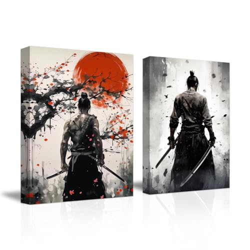 CXHOSTENT Japanese Samurai Canvas Wall Art 2 Piece Black and White Warrior Figure Painting Prints Bushido Poster Boy Room Decor (Samurai-3, 28.00 x 35.00 cms x 2PCS)