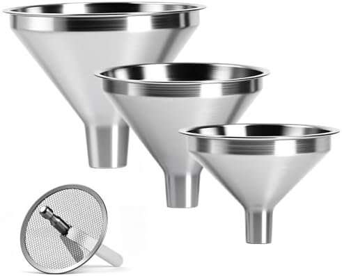 4-Piece Stainless Steel Kitchen Funnel Set, Includes 3 Funnel Sizes and 1 Strainer. Ideal for transferring seasonings, Oils, Liquids, Dry Goods and Powders. Durable and Easy to Clean.