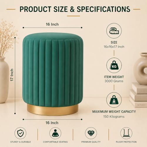 Image of Designer Velvet Round Footstool Ottoman with Sturdy Gold Metal Band Base for Home Decor & Extra Seating, Lightweight Pouf Stool for Sofa Side & Bedroom, 16x16x17 Inch (Seagreen)