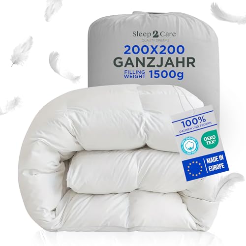 Sleep2Care 4-Jahreszeiten Bettdecke 200x200 | Ganzjahresdecke für Entspannung & Tiefen Schlaf | Öko-Tex |100% Daunen & Federn, 1500 gr. Füllung 375 GSM | Ideal Weiße Duvet für Winter & Sommer