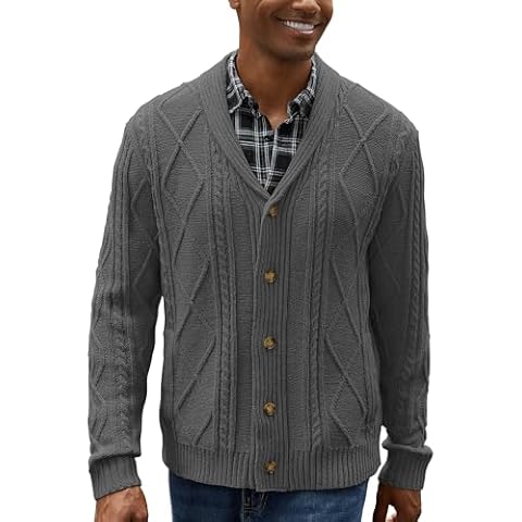 Men's Cable Knit Cardigan Sweater Shawl Collar Long Sleeve Buttons Down Sweater with Pockets Dark Grey Small Cover