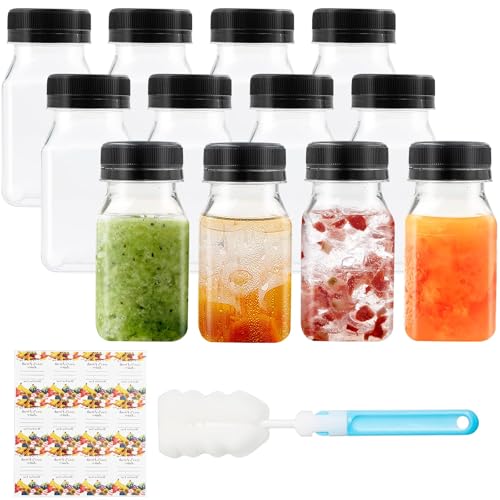 Mooshy 12 Piezas Botellas de Plástico 120ml, Botella Plastico Reutilizable con Tapa, Botellas Pequeñas para Rellenar con Cepillo Botellas Plastico para Bebidas Lácteas Smoothie Juice