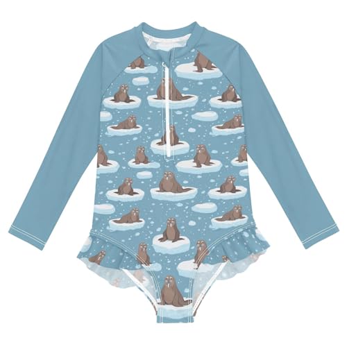 Gugusary Sea Lion Girls Long Sleeve One Piece Swimsuit Zipper Bathing Suits 3-12Y