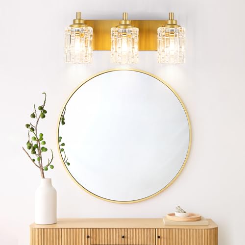 Image of Brushed Gold 3-Light Bathroom Vanity Light with Glass Shade | Luxury Brushed Gold Finish & Sparkling Crystal Glass. Hardwired, Fits E26 Bulbs (Max 60W). Easy to install