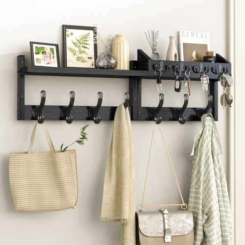 Image of Evermagin 29 inch Coat Rack Wall Mount with Shelf, 4 in 1 Coat and Key Hanger with 11 Metal Hooks, Entryway Wall Mounted Shelf with Mail Holder for Living Room, Bedroom, Black