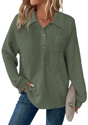 Balivsa Womens Tops Waffle Knit V-Neck Long Sleeve T-shirts Button Down with Pockets Tunic Fashion Clothing, Green, Large