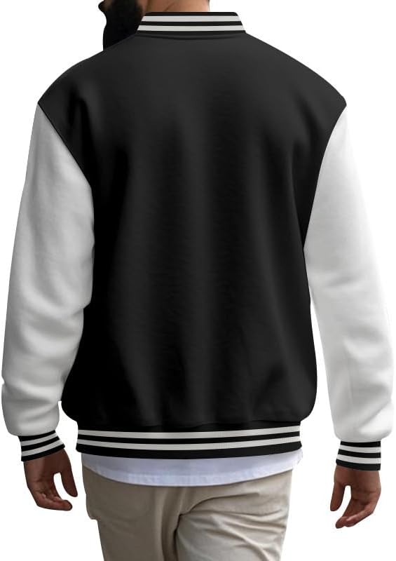 Men's Varsity Baseball Jacket Classic College Style Bomber Coat with Striped Ribbed... - Image 4